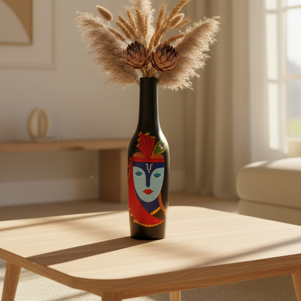 Krishna Vase | Hand-Painted Wooden Decor Piece | Indian Artisan Home Decor & Gift
