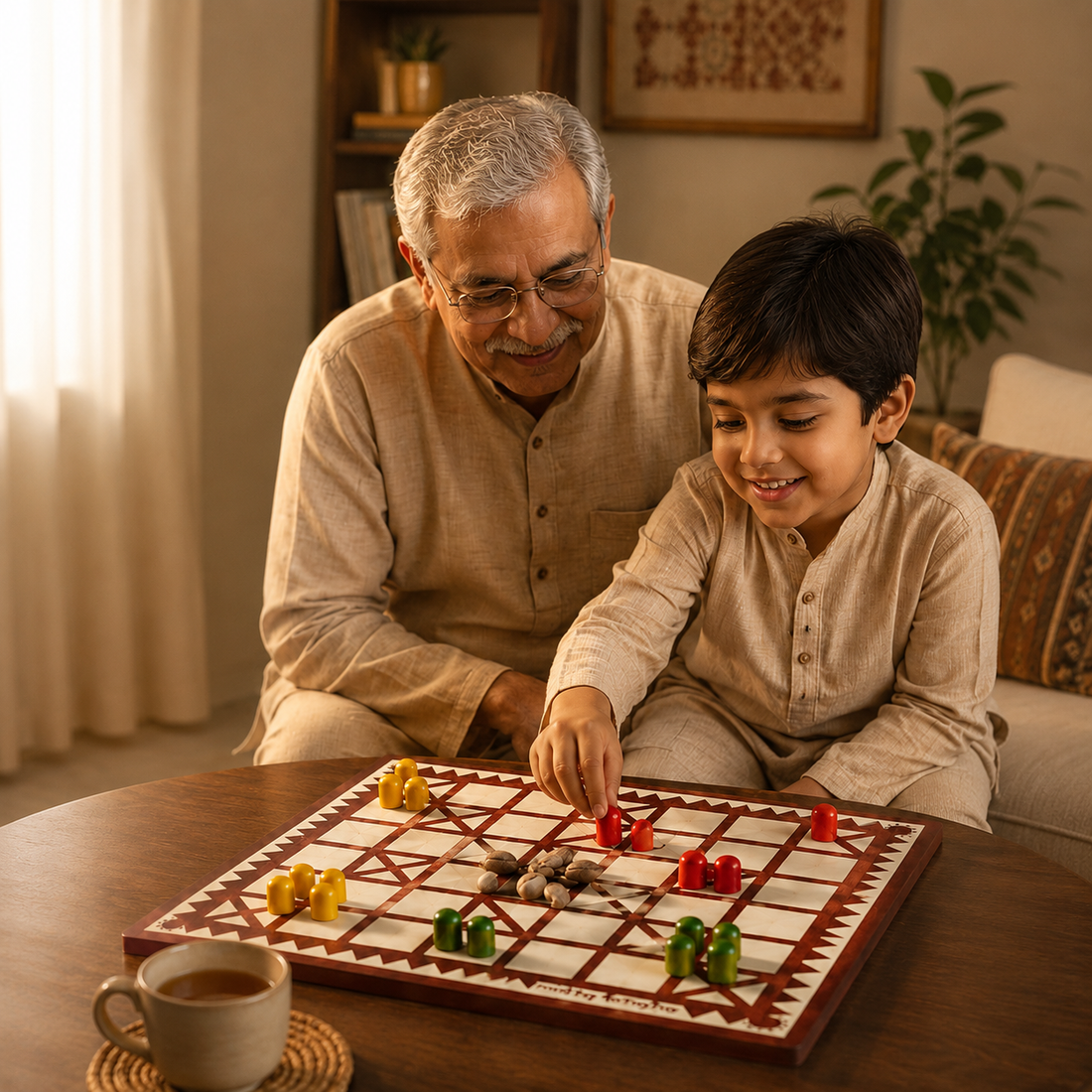 Wooden game board with geometric pattern and a box of colorful game pieces on a wooden surface.