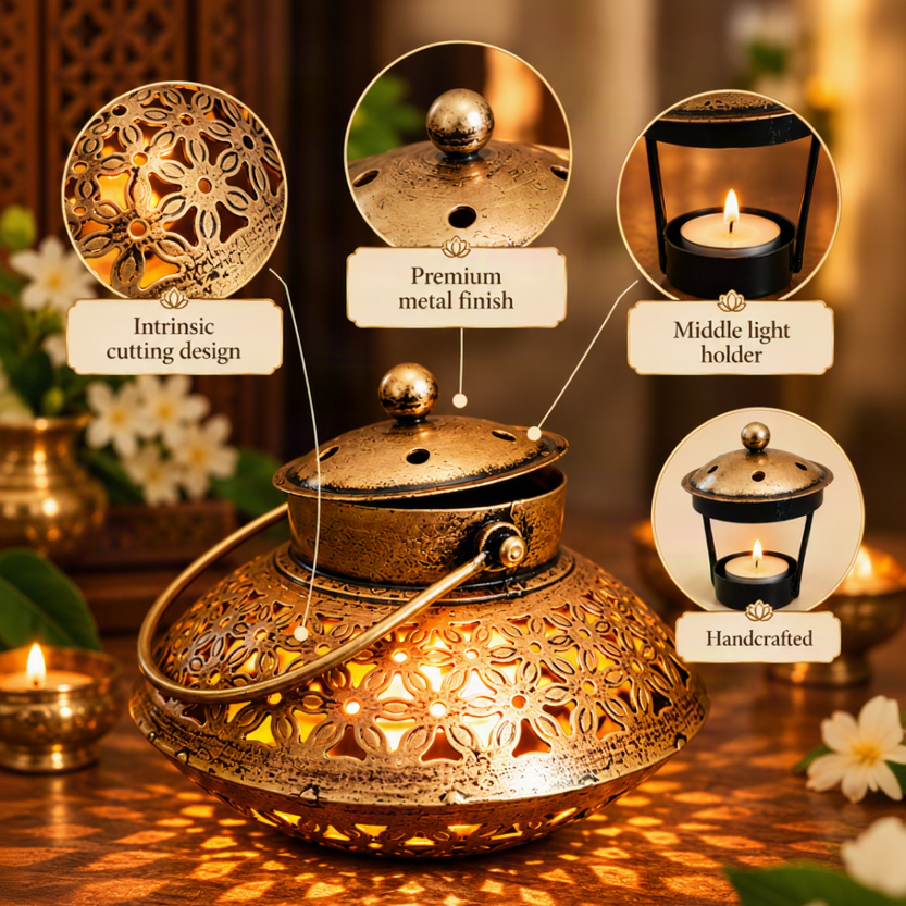 Antique finish Jali Lantern Pot – Festive Tealight Holder & Dhoop Burner with Handle