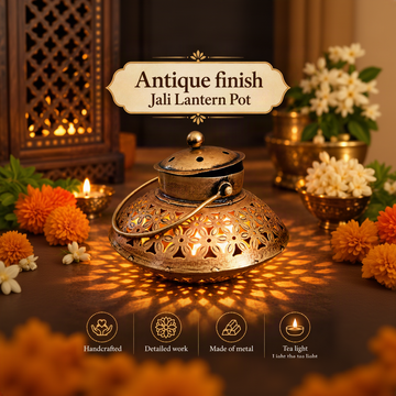 Antique finish Jali Lantern Pot – Festive Tealight Holder & Dhoop Burner with Handle