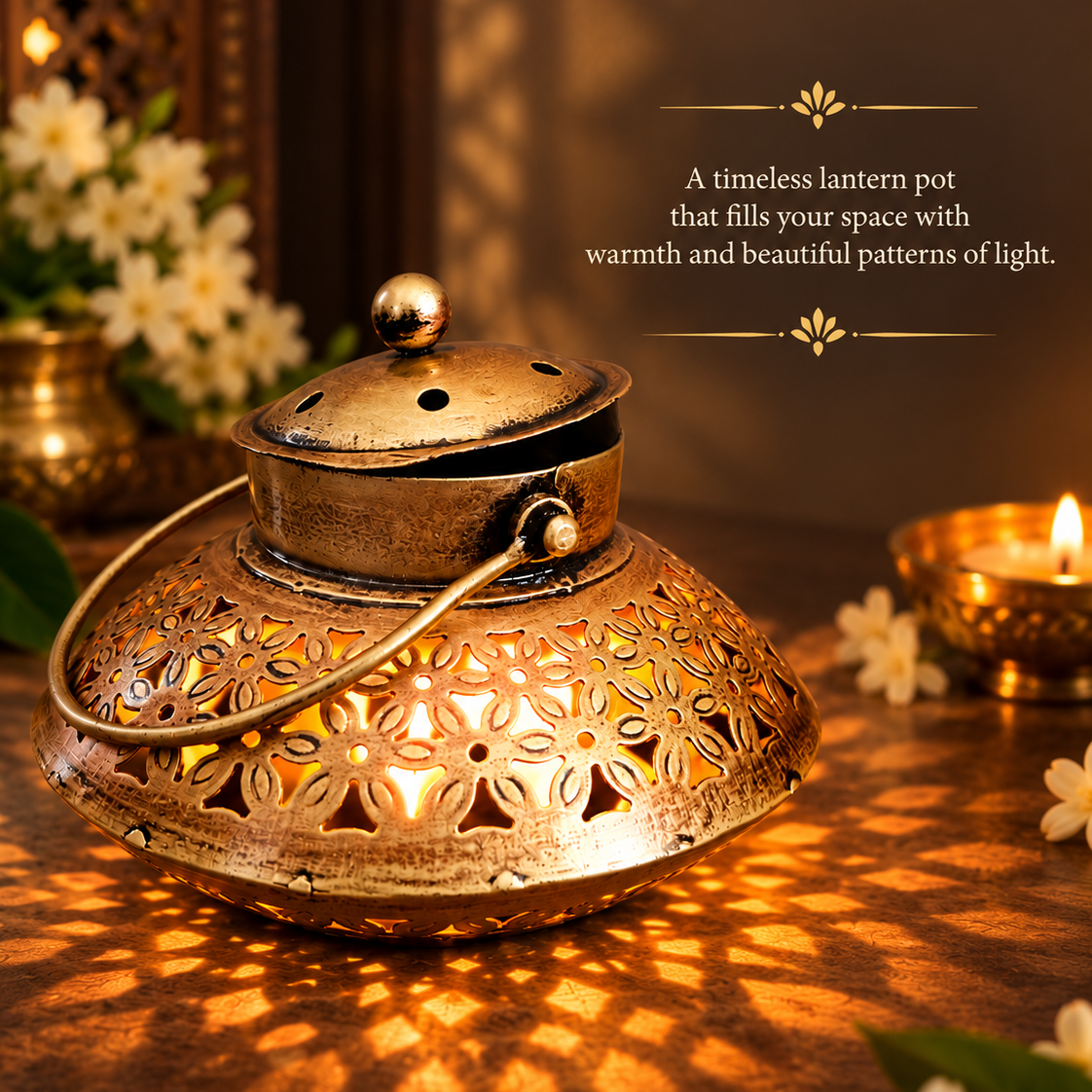 Antique finish Jali Lantern Pot – Festive Tealight Holder & Dhoop Burner with Handle
