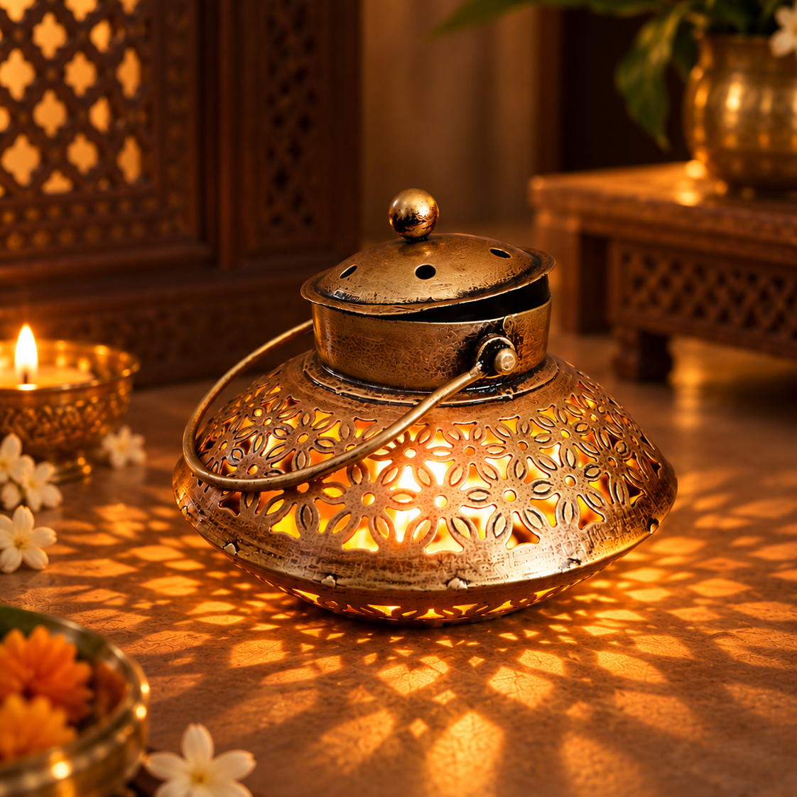 Antique finish Jali Lantern Pot – Festive Tealight Holder & Dhoop Burner with Handle