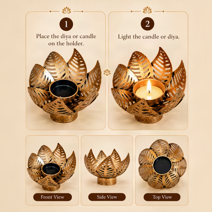 Antique Finish Lotus Petals Tealight Holder – Festive Lighting & Everyday Decor