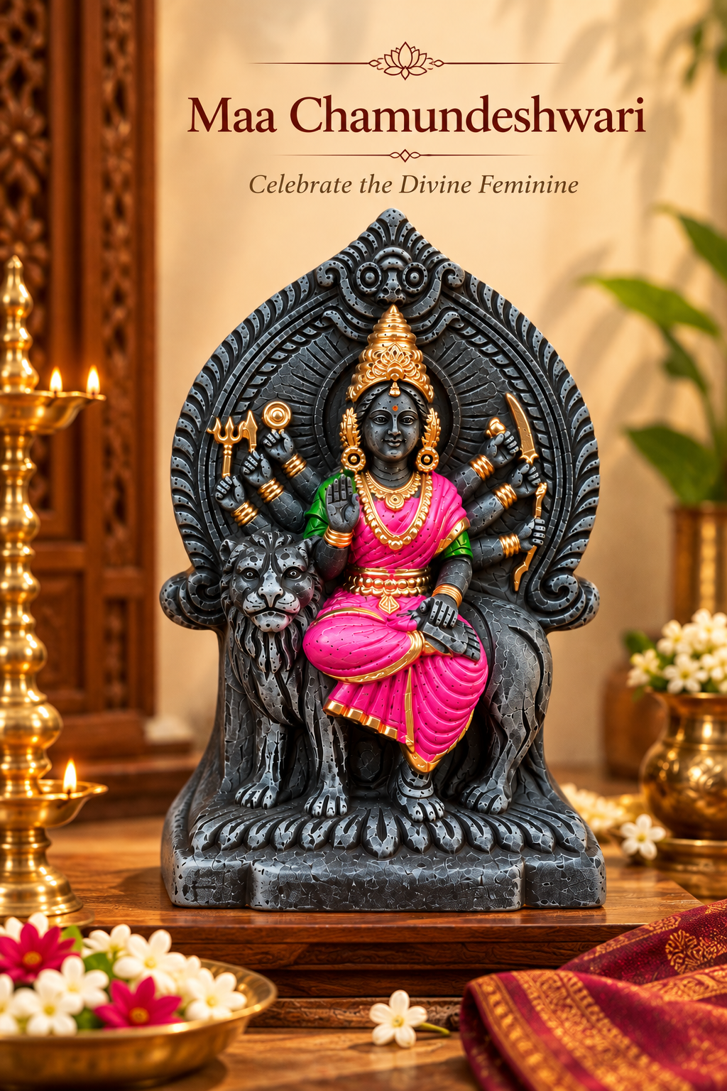 Handcrafted Clay Sri Chamundeshwari Idol – Antique Stone Finish Ashtabhuja Simhavahini