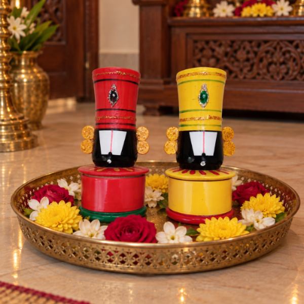Wooden Sindhoor Dhani | Hand-Painted Arishina Kumkum Box Set | Traditional Indian Pooja Gift