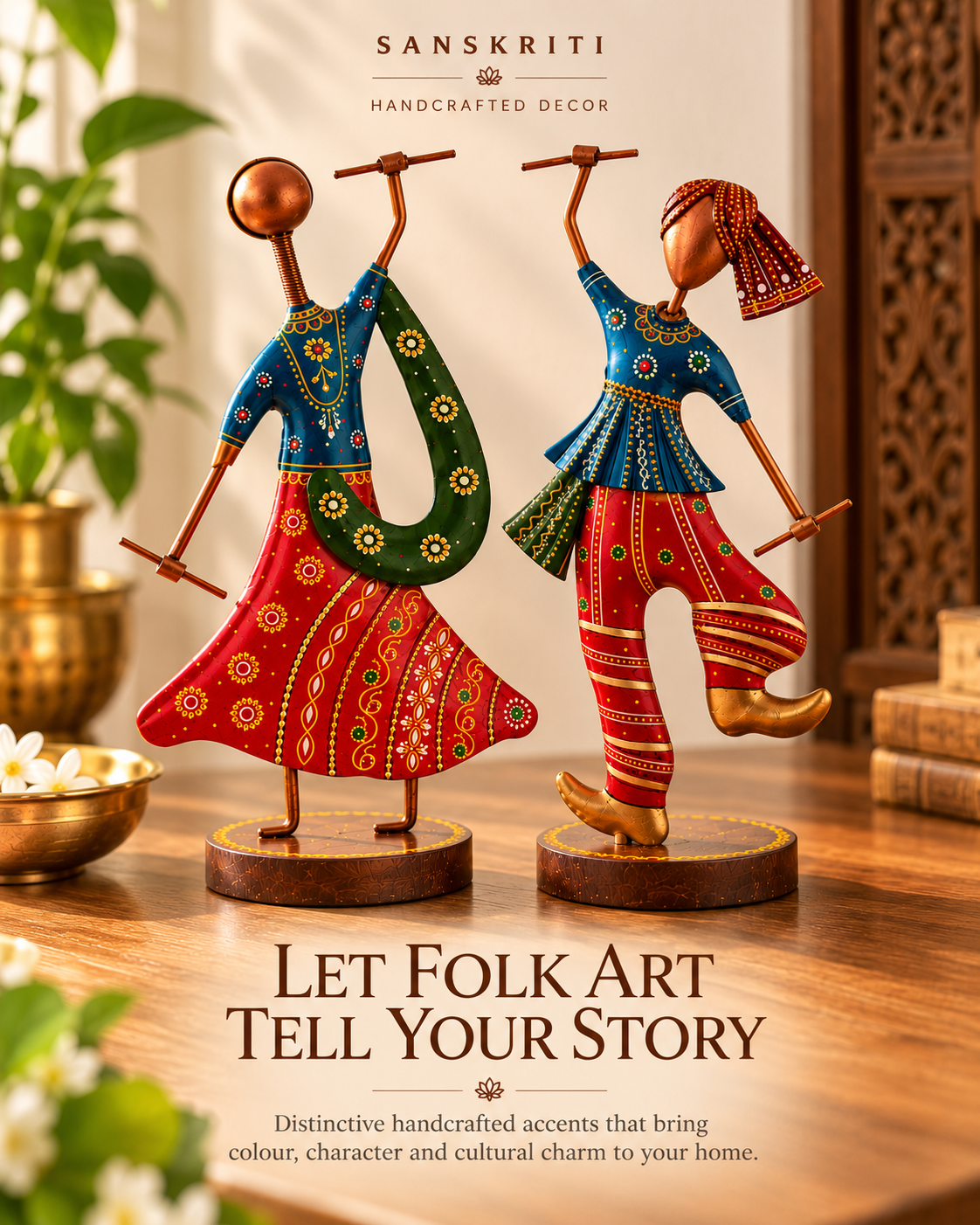 Handcrafted Metal Traditional Folk Dancers – Hand-Painted Cultural Couple Figurines (Set of 2)