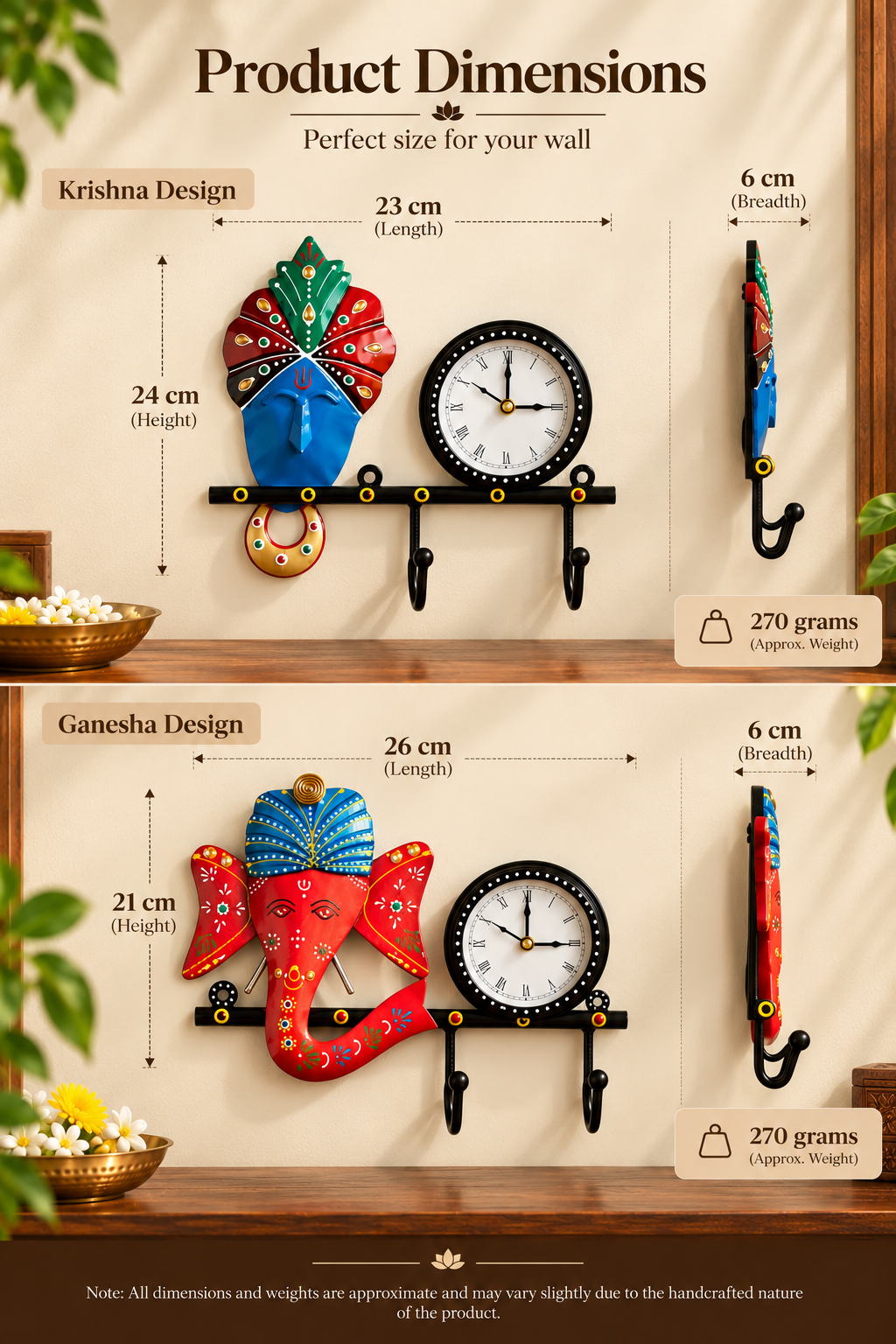 Handcrafted Metal Wall Clock with Key Holder – Decorative Krishna & Ganesha Wall Accent