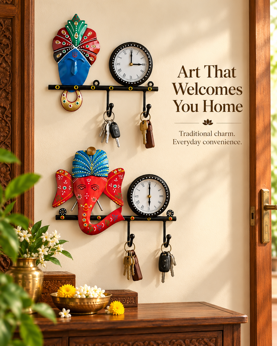 Handcrafted Metal Wall Clock with Key Holder – Decorative Krishna & Ganesha Wall Accent