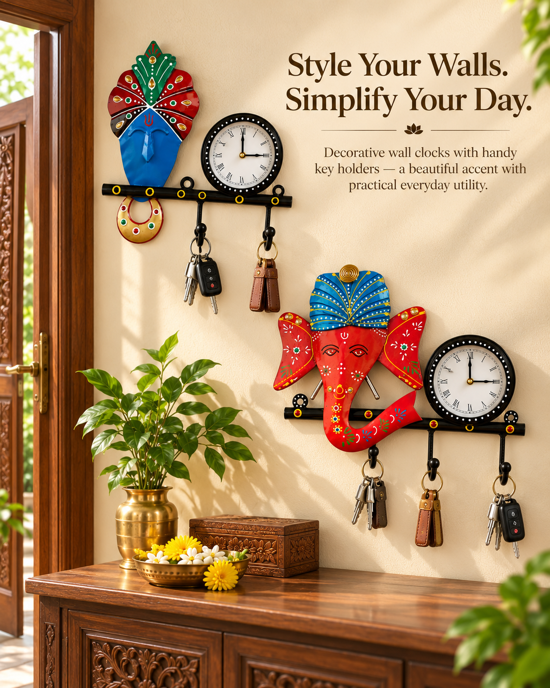 Handcrafted Metal Wall Clock with Key Holder – Decorative Krishna & Ganesha Wall Accent