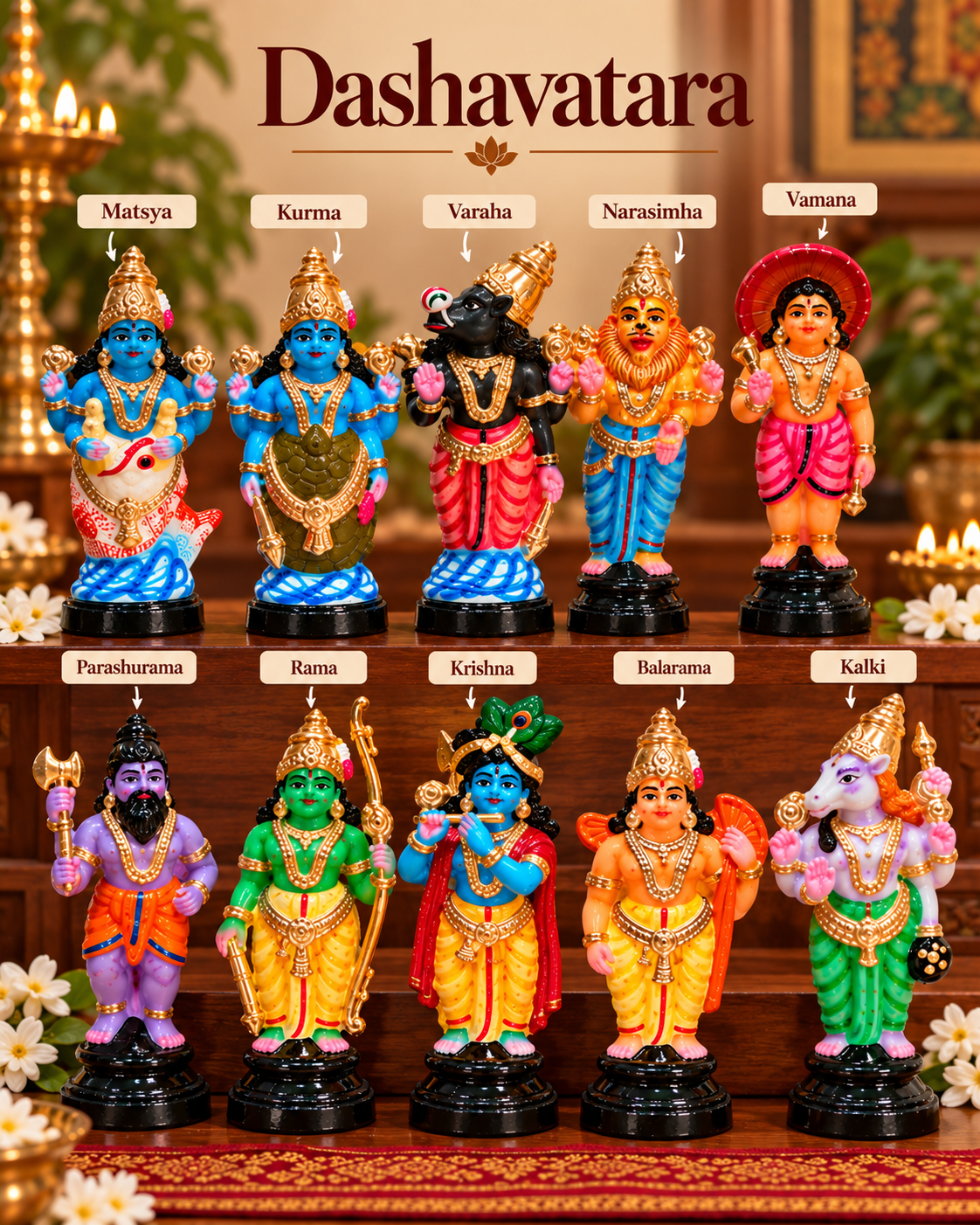 Lord Vishnu Dashavatara set of ten handcrafted figures arranged in two rows