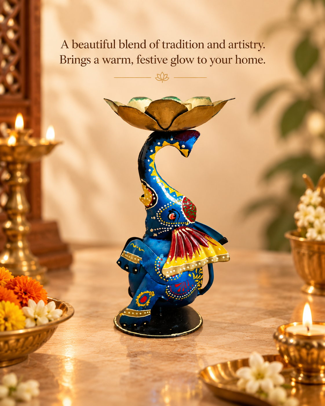 Artisanal Hand-Painted Metal Lotus Diya Holder – Festive Tabletop Decor