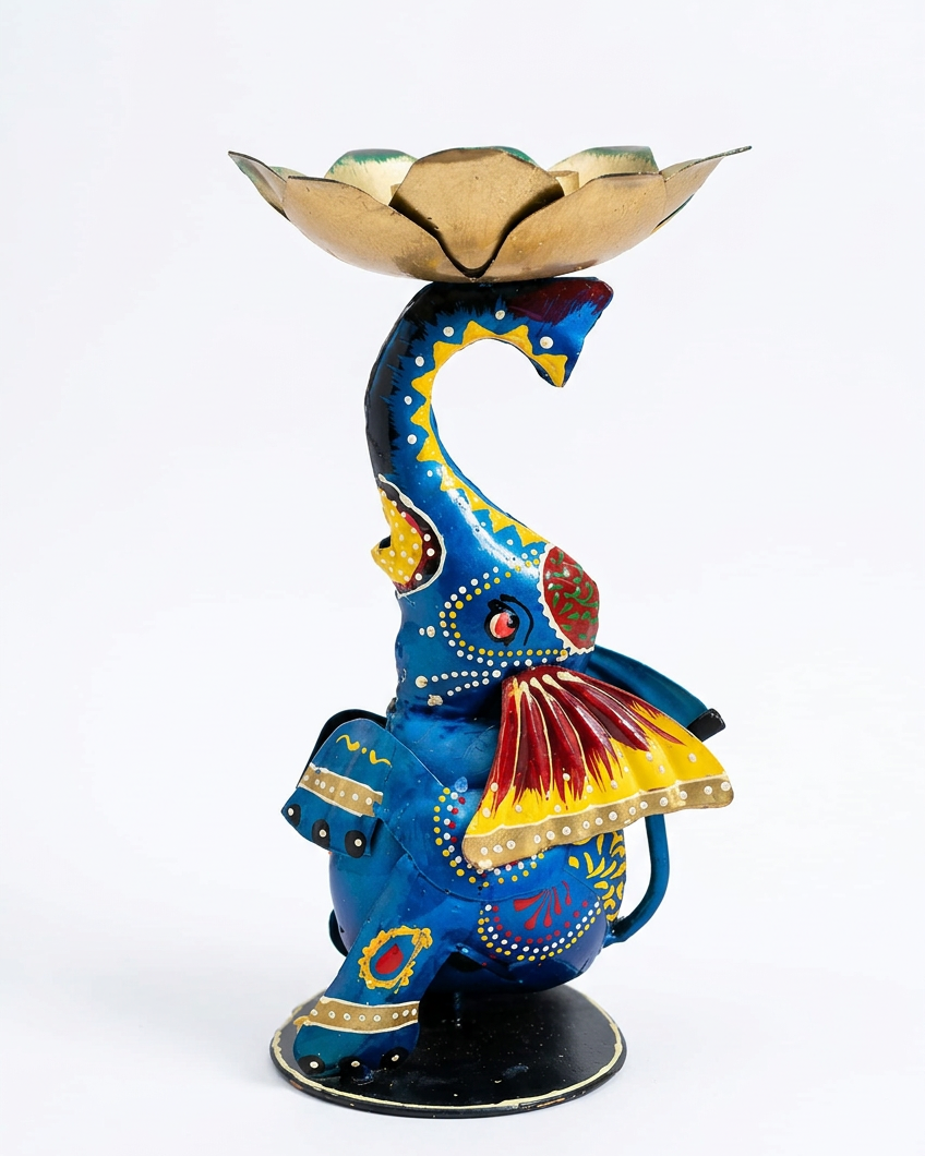 Artisanal Hand-Painted Metal Lotus Diya Holder – Festive Tabletop Decor