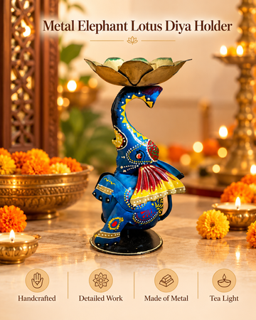 Artisanal Hand-Painted Metal Lotus Diya Holder – Festive Tabletop Decor