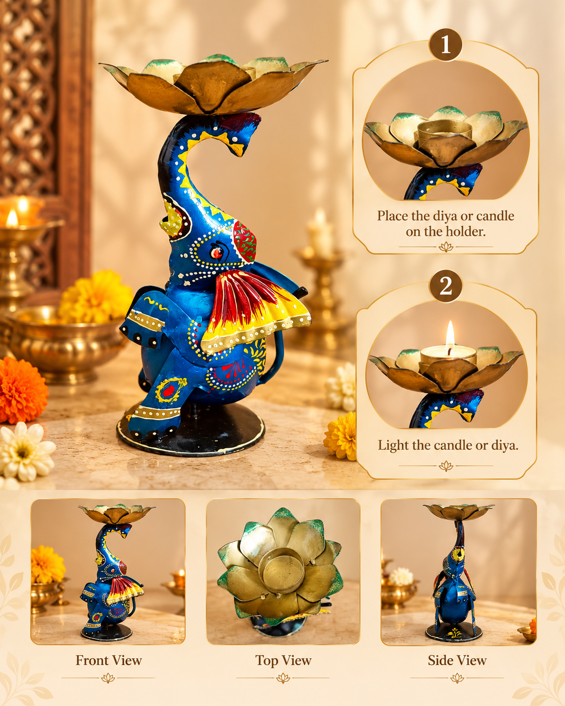 Artisanal Hand-Painted Metal Lotus Diya Holder – Festive Tabletop Decor