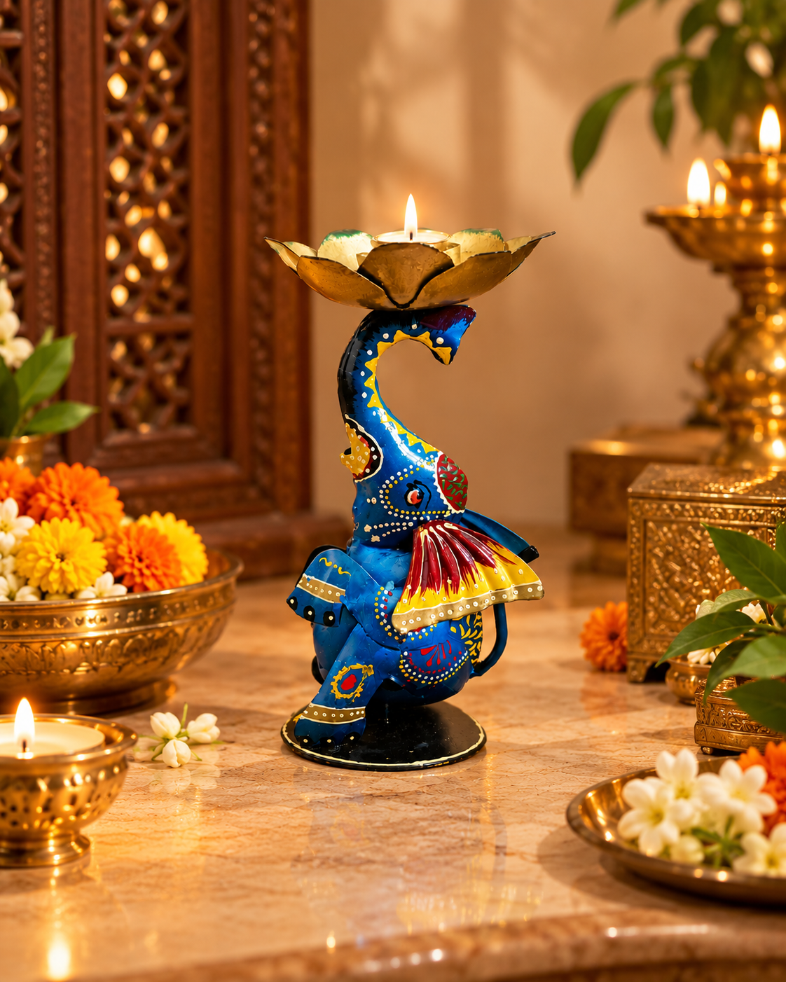 Artisanal Hand-Painted Metal Lotus Diya Holder – Festive Tabletop Decor