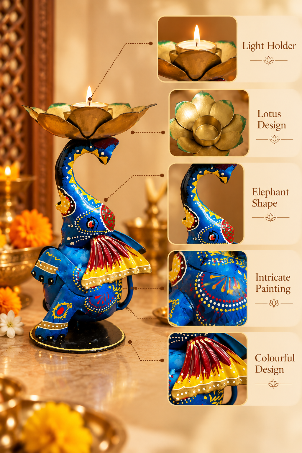 Artisanal Hand-Painted Metal Lotus Diya Holder – Festive Tabletop Decor