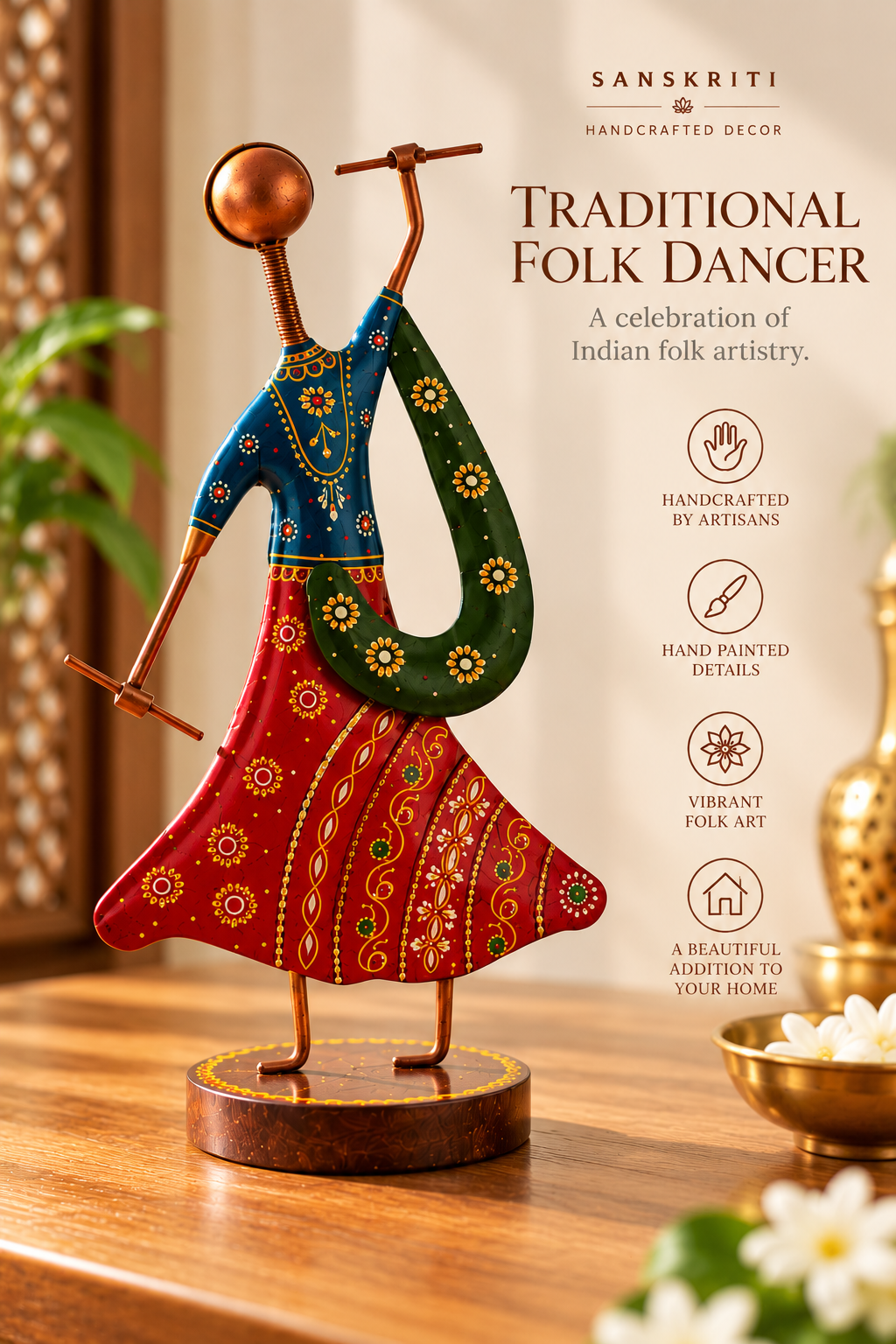 Handcrafted Metal Traditional Folk Dancers – Hand-Painted Cultural Couple Figurines (Set of 2)
