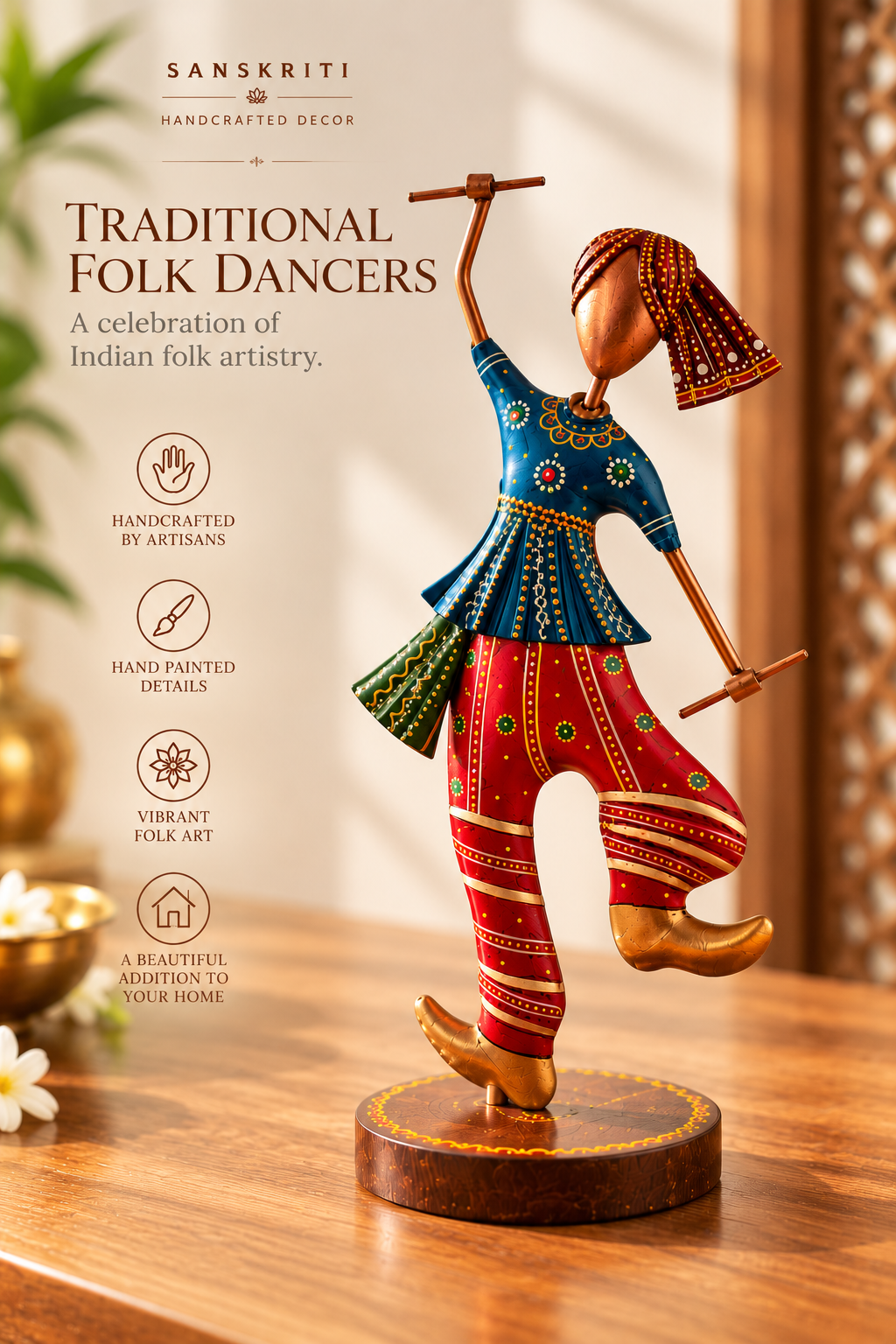 Handcrafted Metal Traditional Folk Dancers – Hand-Painted Cultural Couple Figurines (Set of 2)