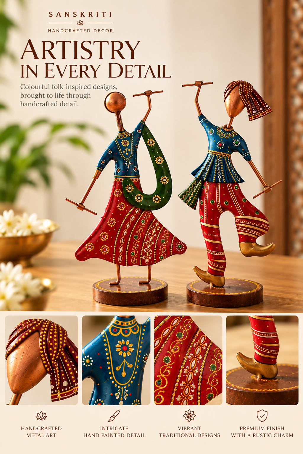 Handcrafted Metal Traditional Folk Dancers – Hand-Painted Cultural Couple Figurines (Set of 2)
