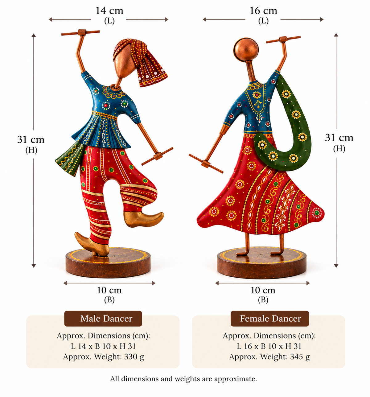 Handcrafted Metal Traditional Folk Dancers – Hand-Painted Cultural Couple Figurines (Set of 2)