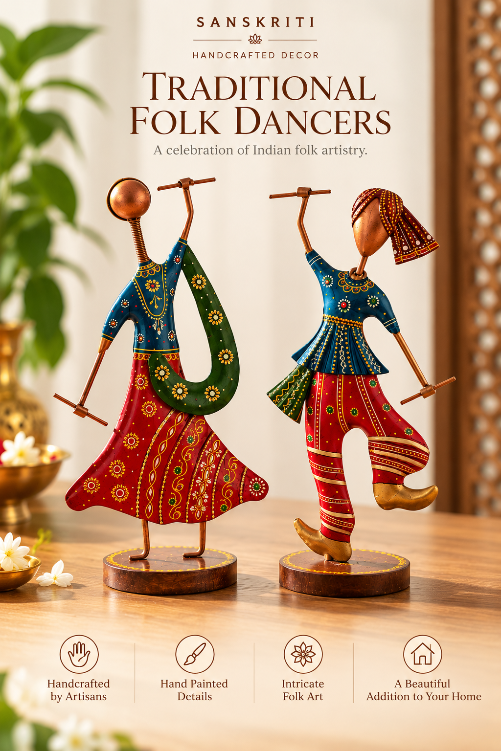 Handcrafted Metal Traditional Folk Dancers – Hand-Painted Cultural Couple Figurines (Set of 2)