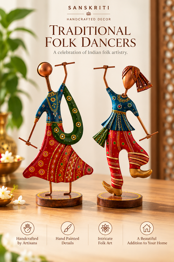 Handcrafted Metal Traditional Folk Dancers – Hand-Painted Cultural Couple Figurines (Set of 2)