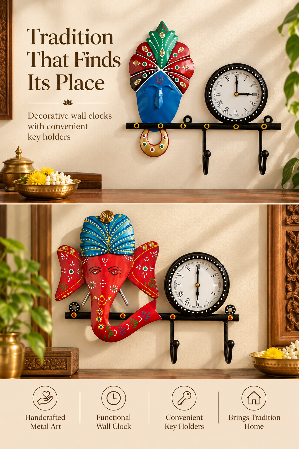 Handcrafted Metal Wall Clock with Key Holder – Decorative Krishna & Ganesha Wall Accent