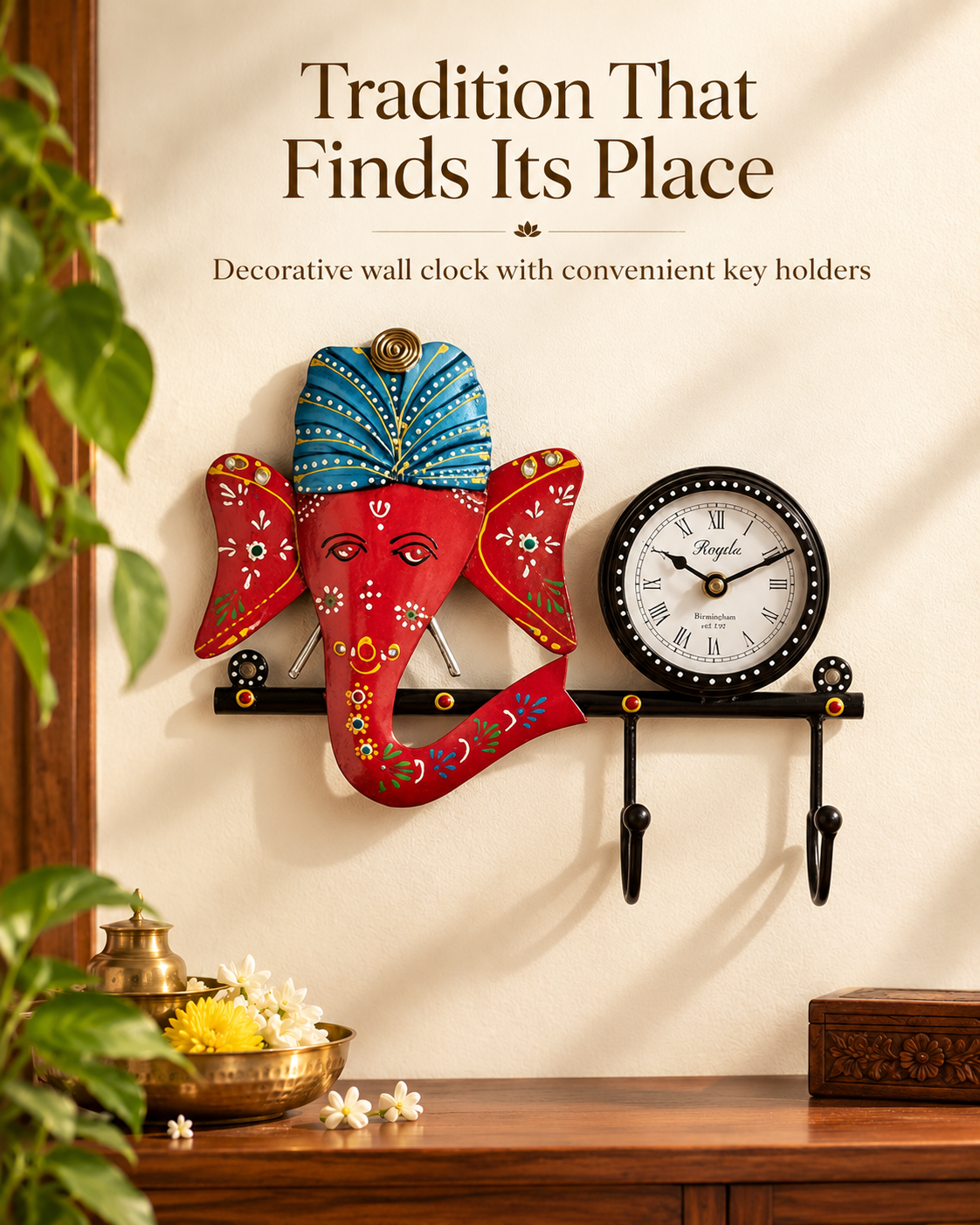 Handcrafted Metal Wall Clock with Key Holder – Decorative Krishna & Ganesha Wall Accent