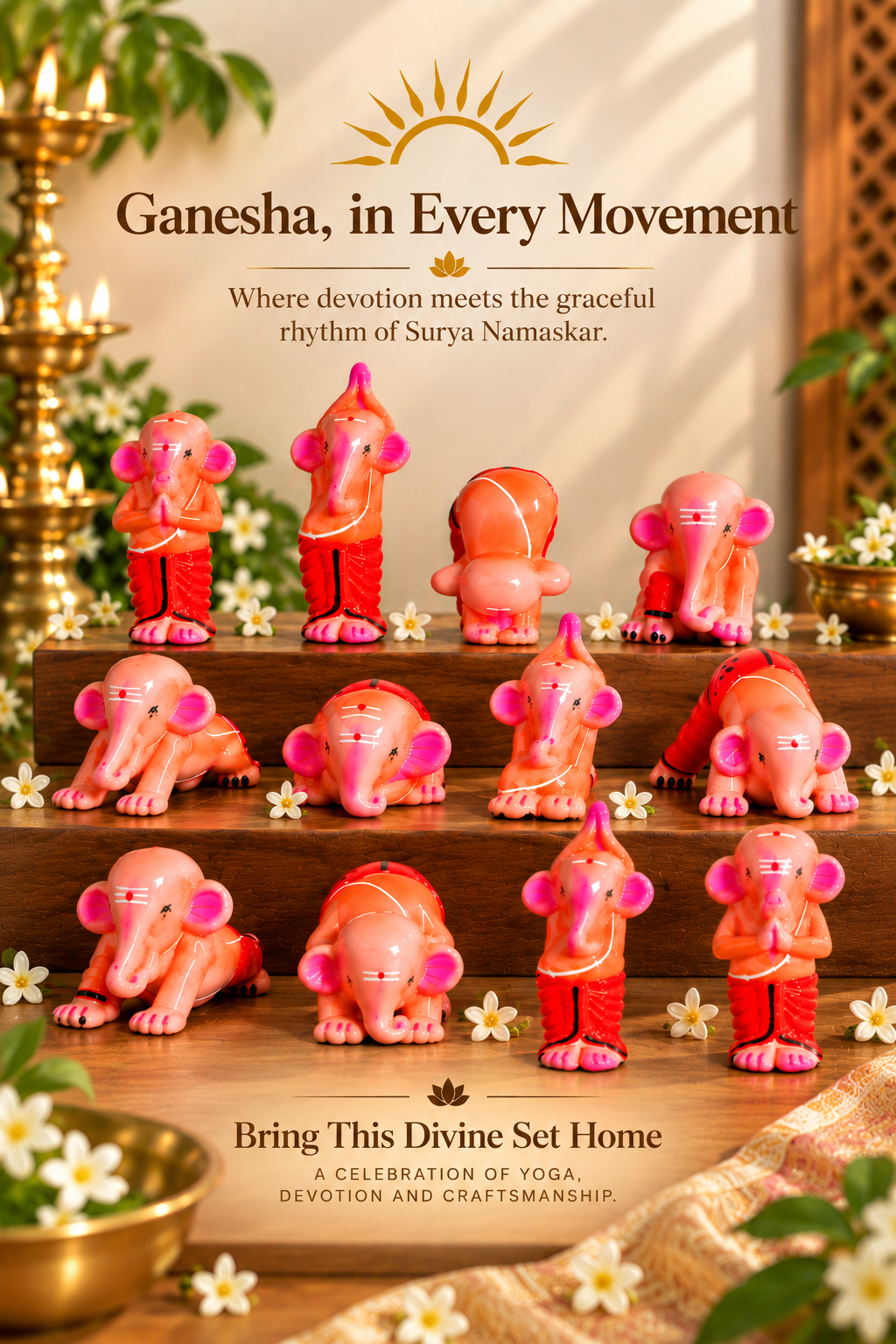 Handcrafted Clay Surya Namaskar Ganesha Set – 12 Sun Salutation Yoga Asanas