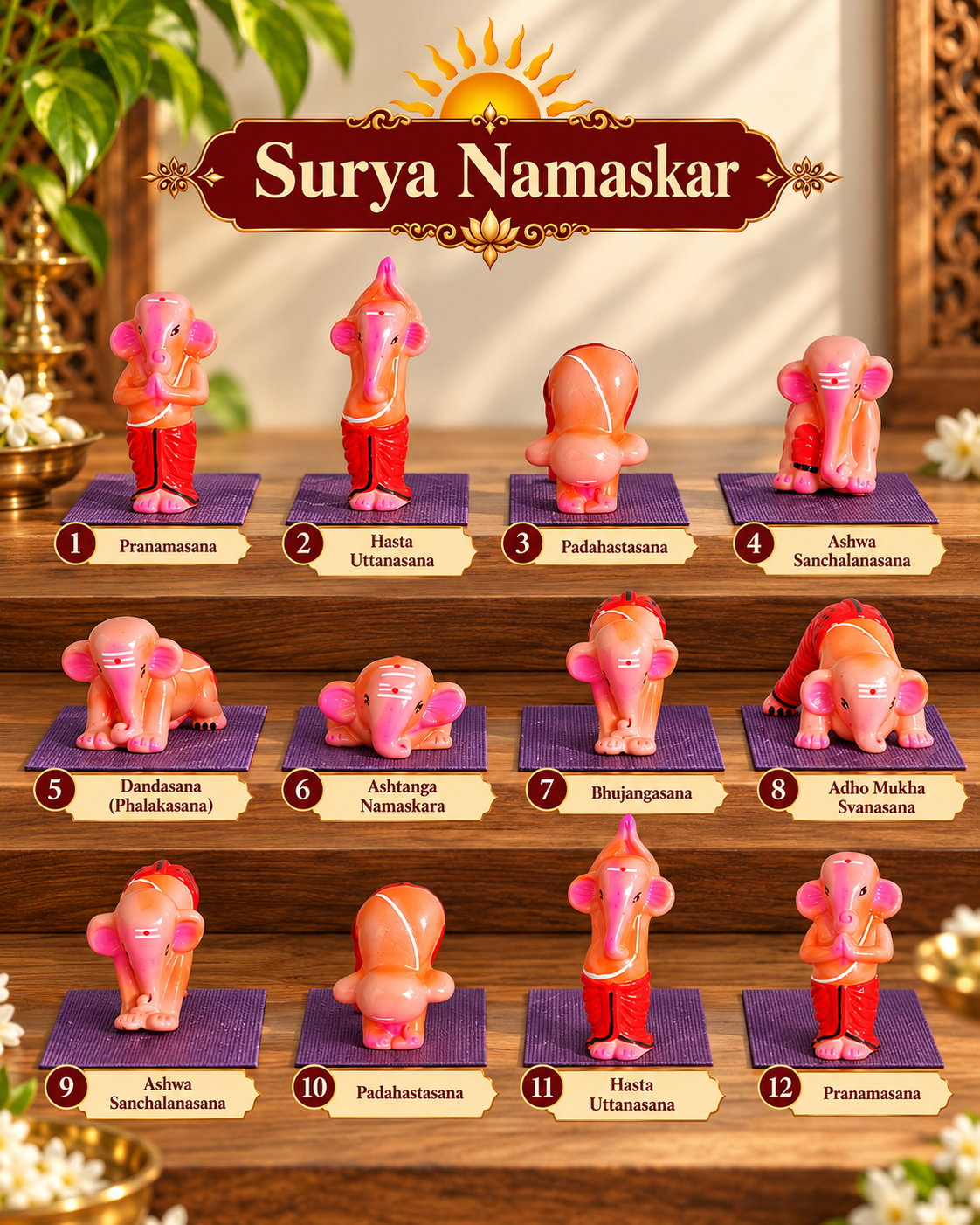 Handcrafted Clay Surya Namaskar Ganesha Set – 12 Sun Salutation Yoga Asanas