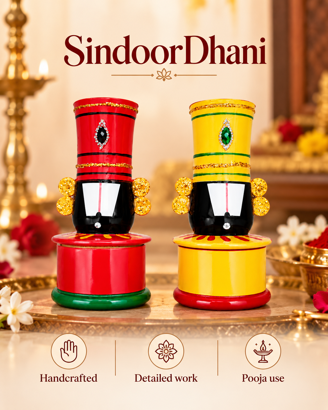 Wooden Sindhoor Dhani | Hand-Painted Arishina Kumkum Box Set | Traditional Indian Pooja Gift