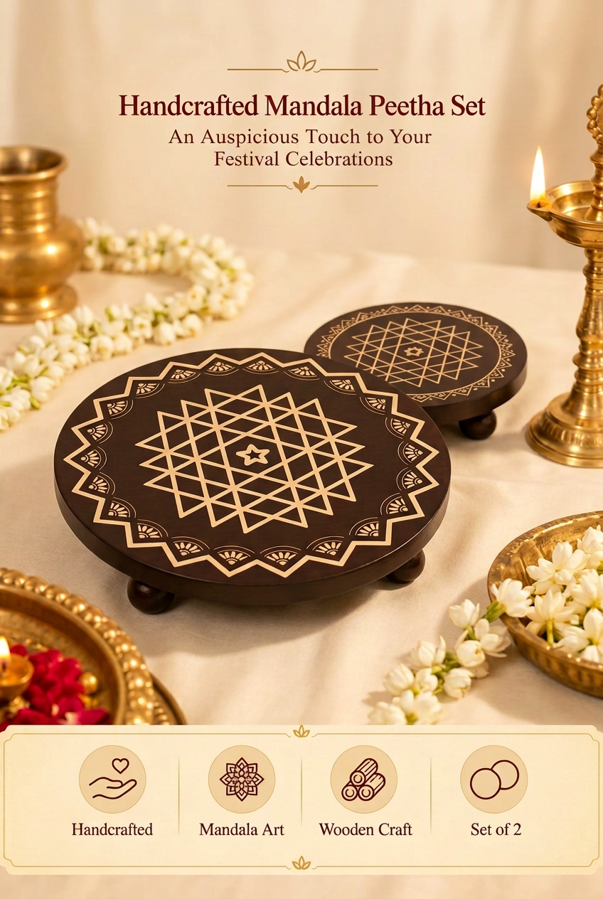 Handcrafted Mandala Peetha Set – Round Wooden Peetha (Chowki), Set of 2