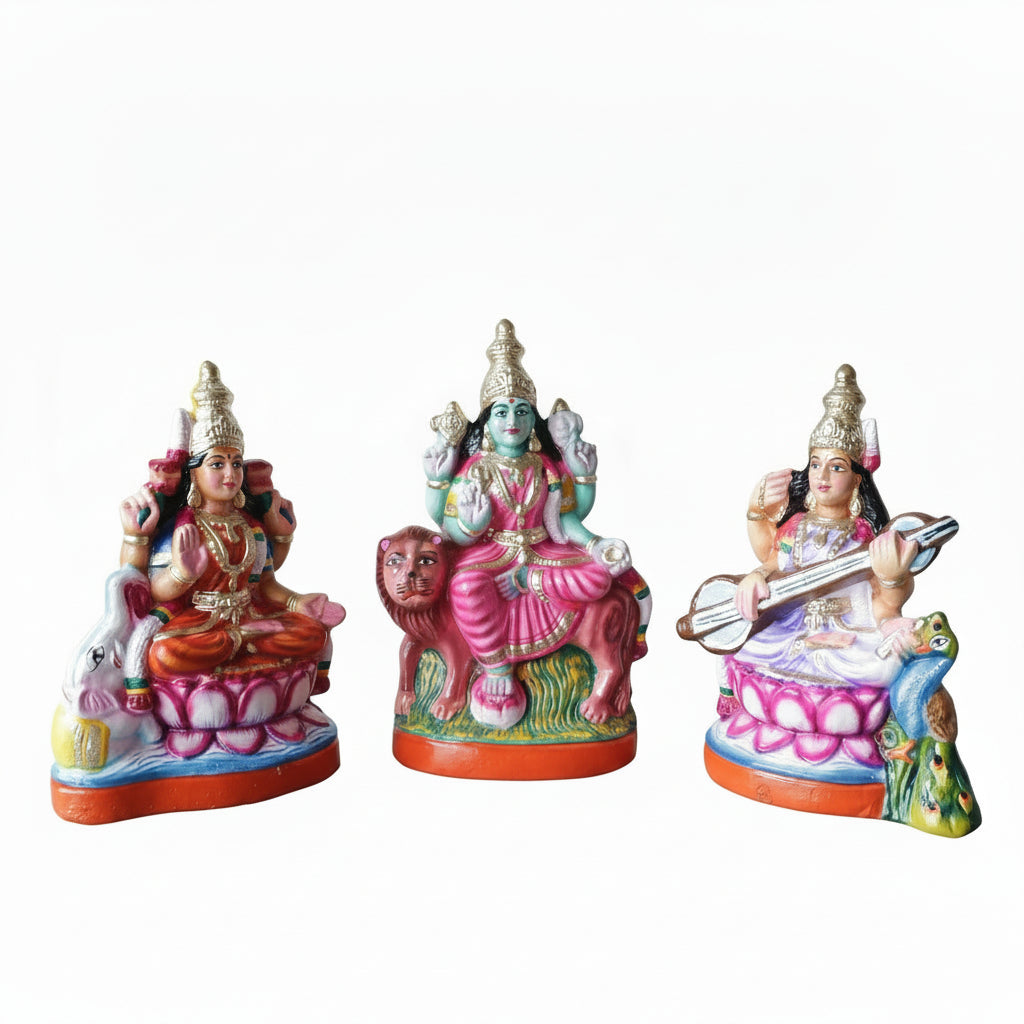 Handcrafted Clay Trishakthi Goddess Set | Traditional Indian Idol Trio | Sanskriti