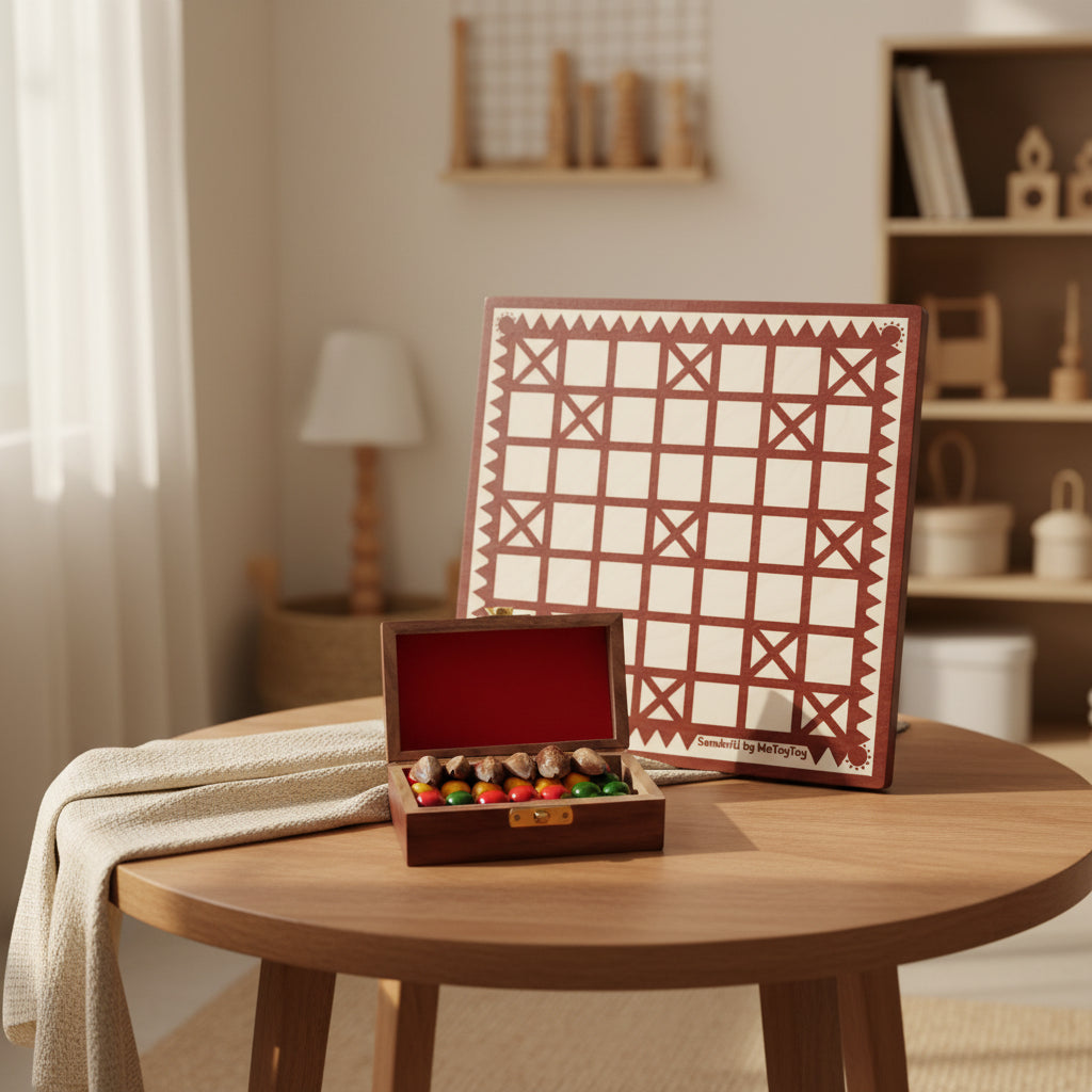Wooden Chowkabara Traditional Strategy Board Game | One Board Double-Sided (5 & 7 House)