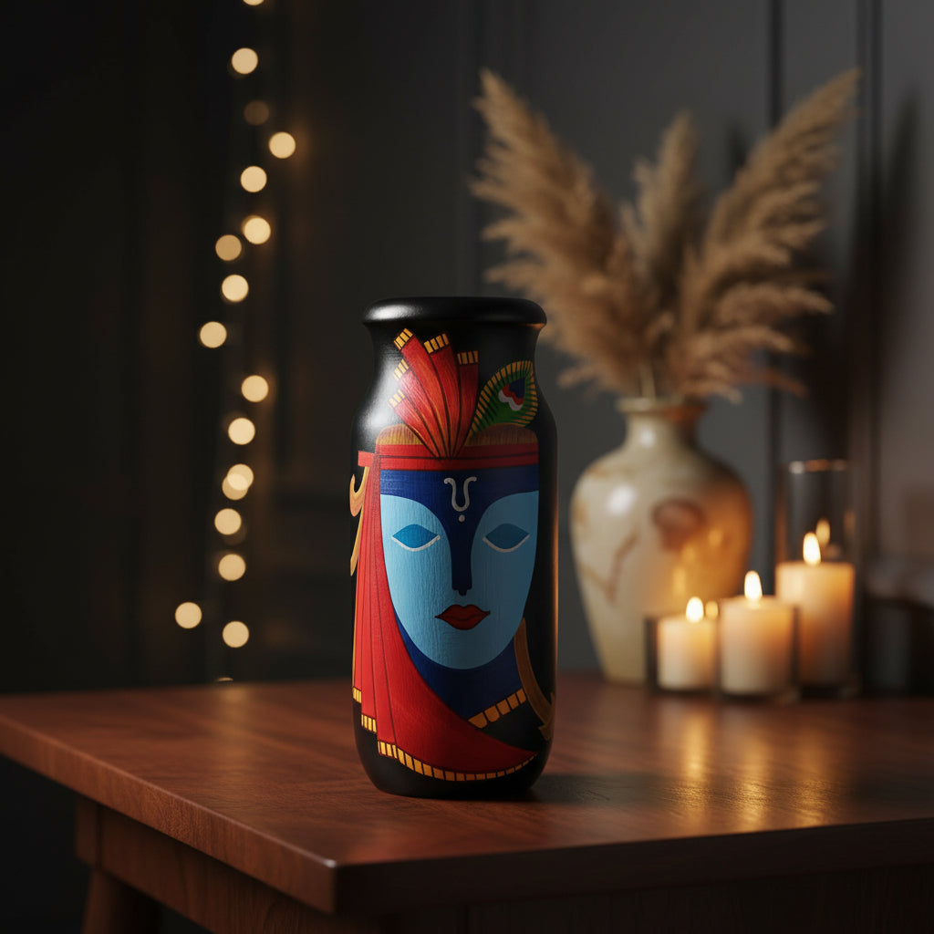 Decorative vase with colorful krishna face design 
