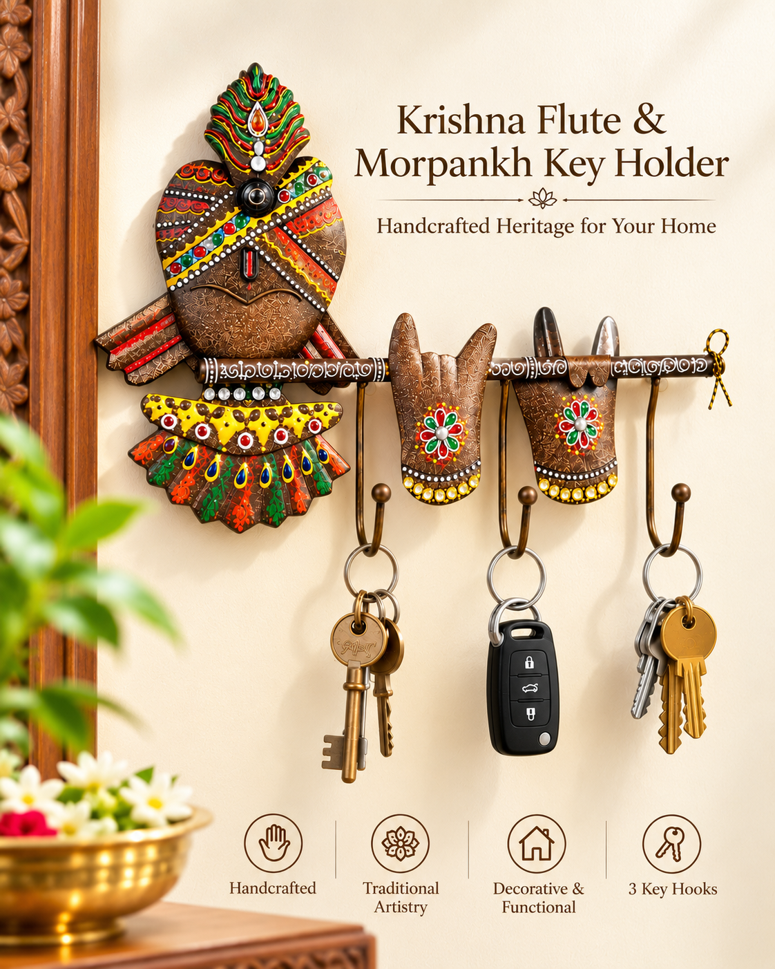Handcrafted Krishna Flute & Morpankh Metal Key Holder – 3 Hook Wall Organizer