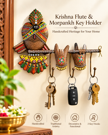 Handcrafted Krishna Flute & Morpankh Metal Key Holder – 3 Hook Wall Organizer