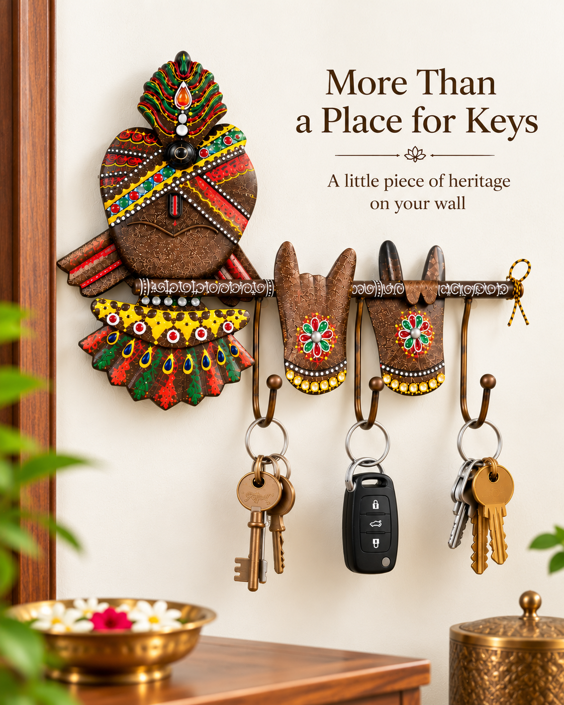 Handcrafted Krishna Flute & Morpankh Metal Key Holder – 3 Hook Wall Organizer