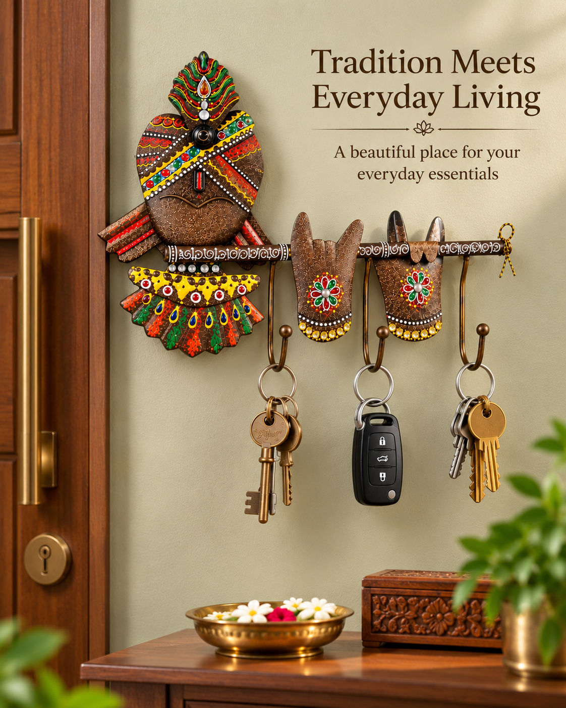 Handcrafted Krishna Flute & Morpankh Metal Key Holder – 3 Hook Wall Organizer