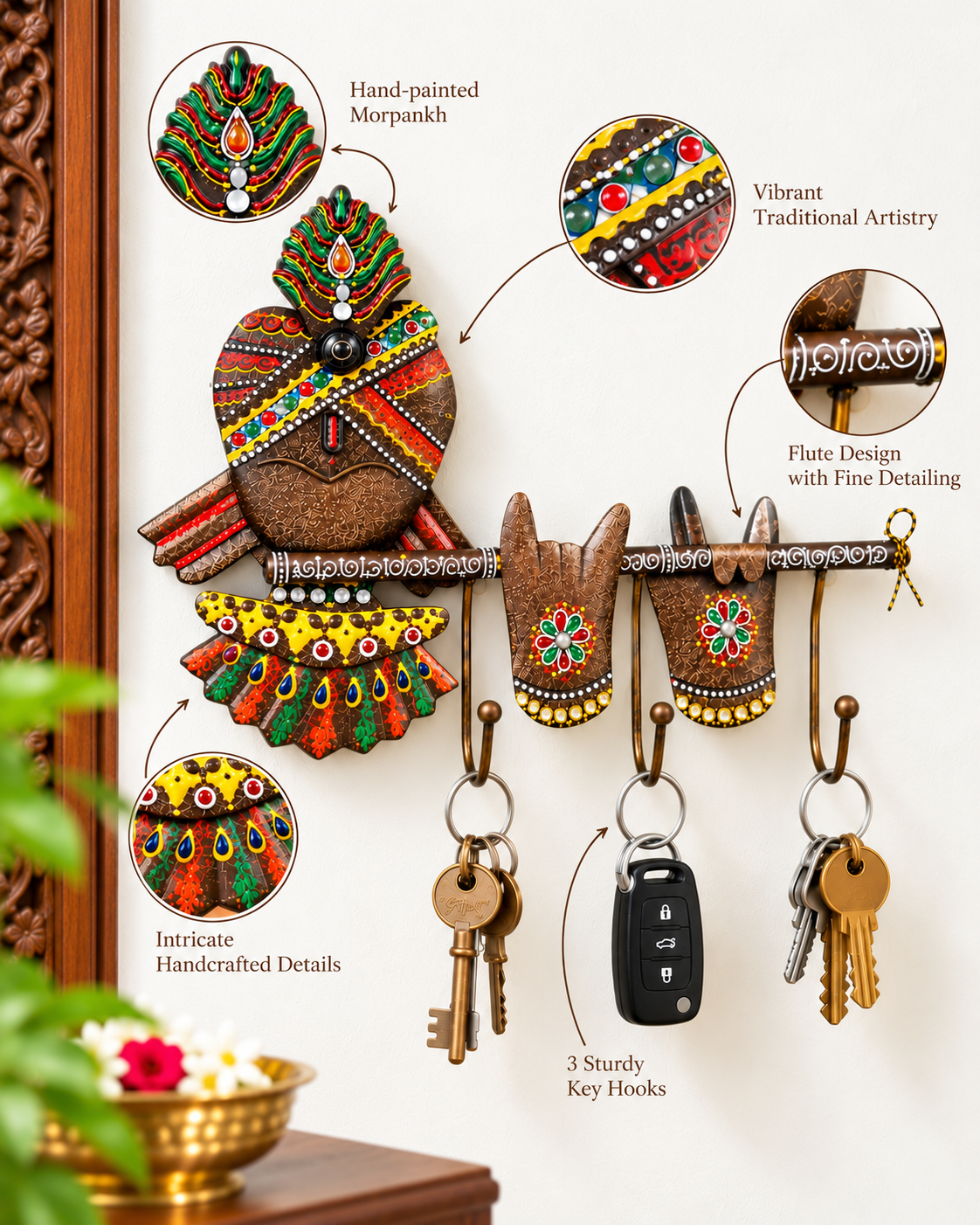 Handcrafted Krishna Flute & Morpankh Metal Key Holder – 3 Hook Wall Organizer