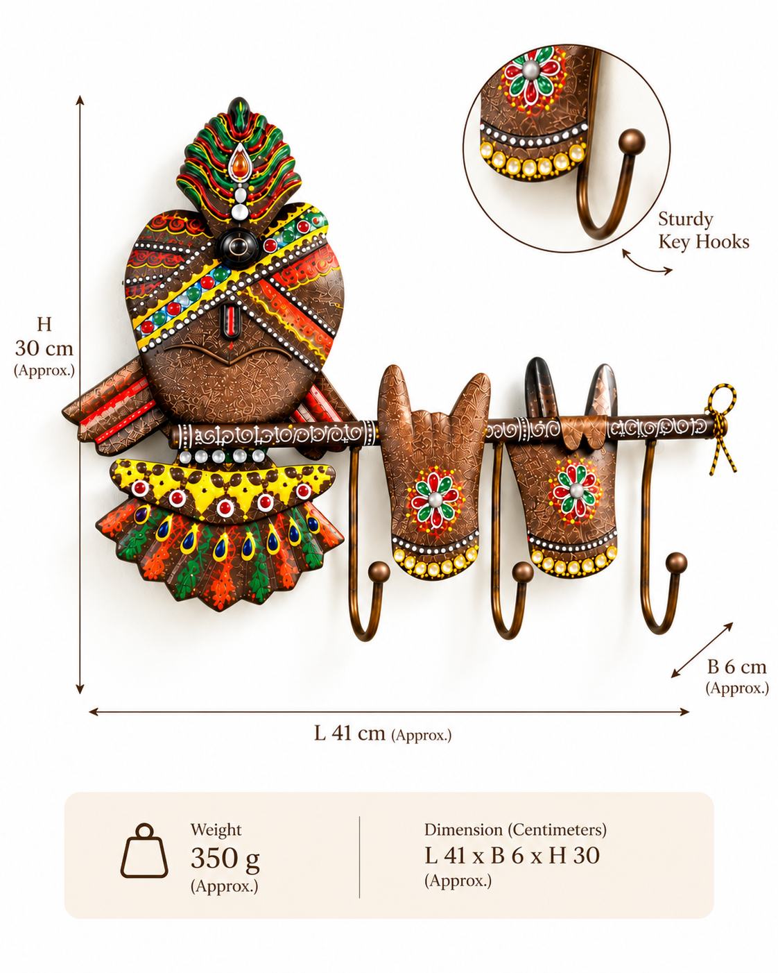 Handcrafted Krishna Flute & Morpankh Metal Key Holder – 3 Hook Wall Organizer