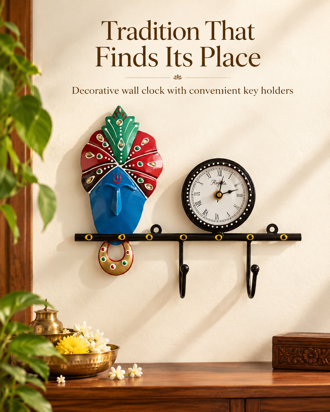 Handcrafted Metal Wall Clock with Key Holder – Decorative Krishna & Ganesha Wall Accent