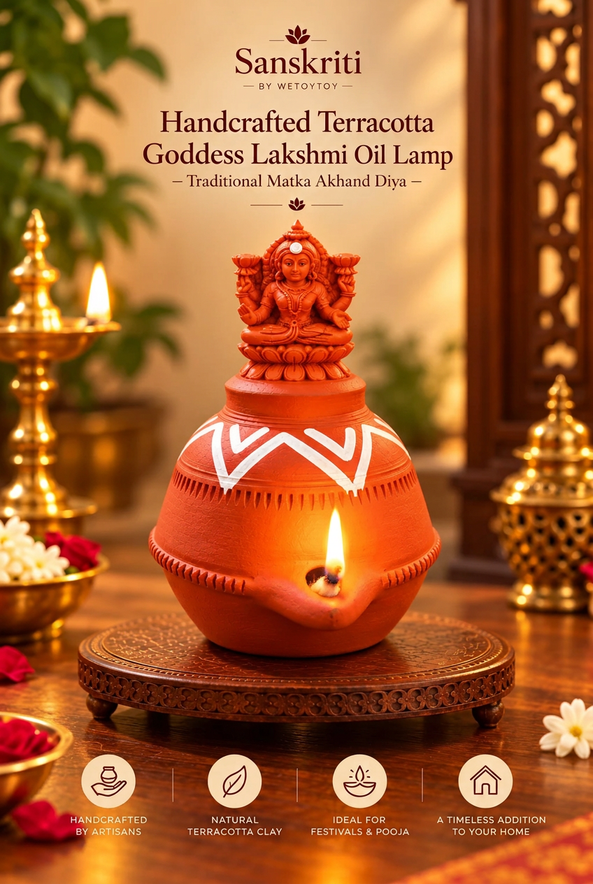 Handcrafted Terracotta Goddess Lakshmi Oil Lamp – Traditional Matka Akhand Diya