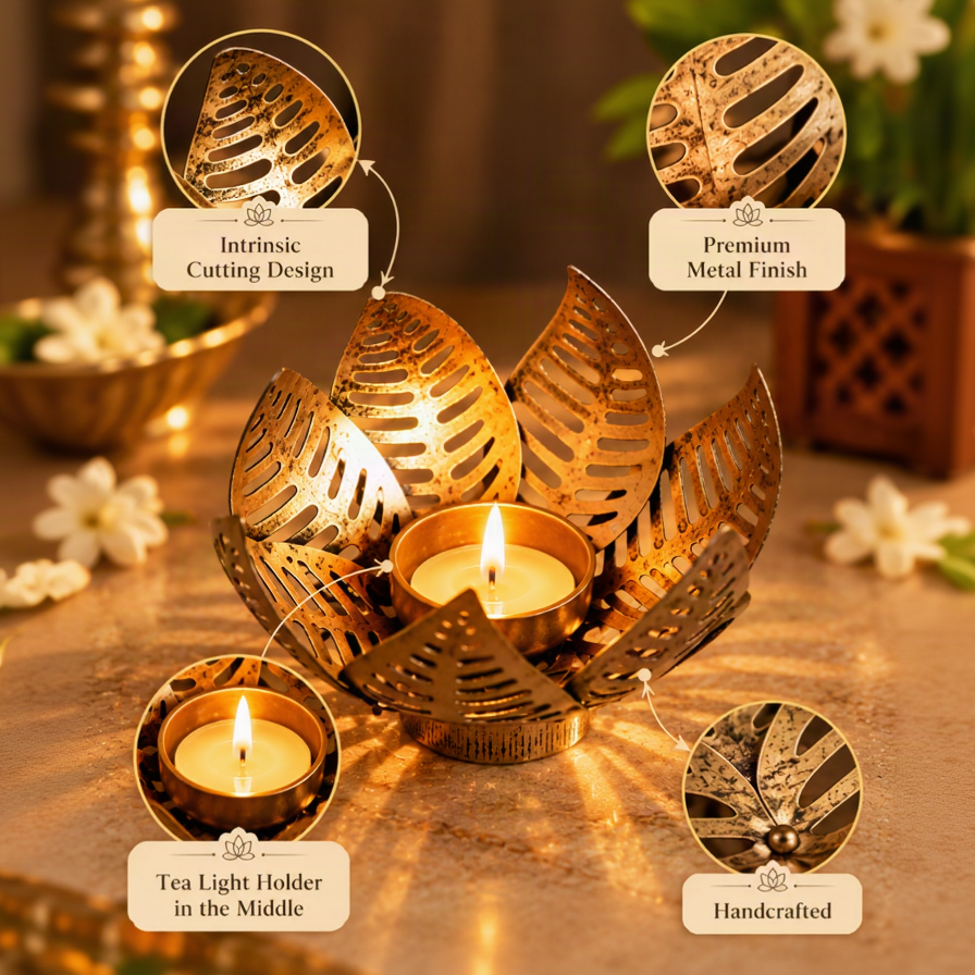 Antique Finish Lotus Petals Tealight Holder – Festive Lighting & Everyday Decor