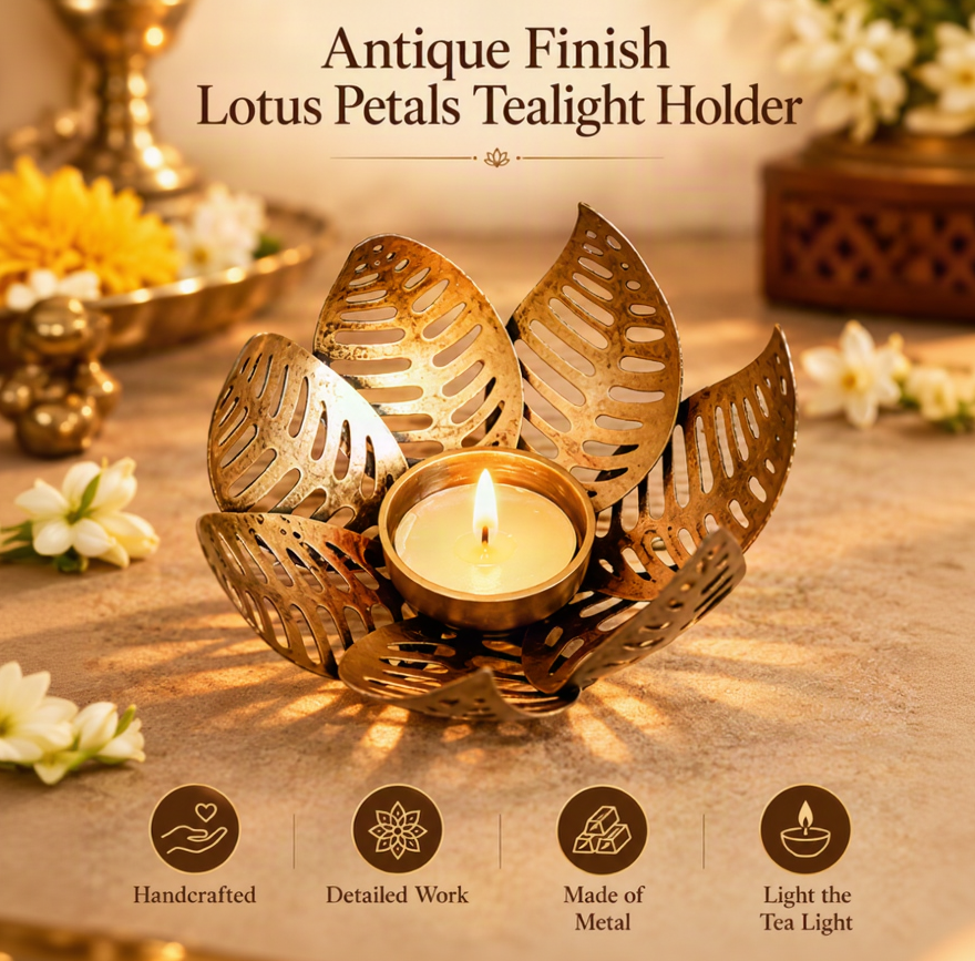 Antique Finish Lotus Petals Tealight Holder – Festive Lighting & Everyday Decor
