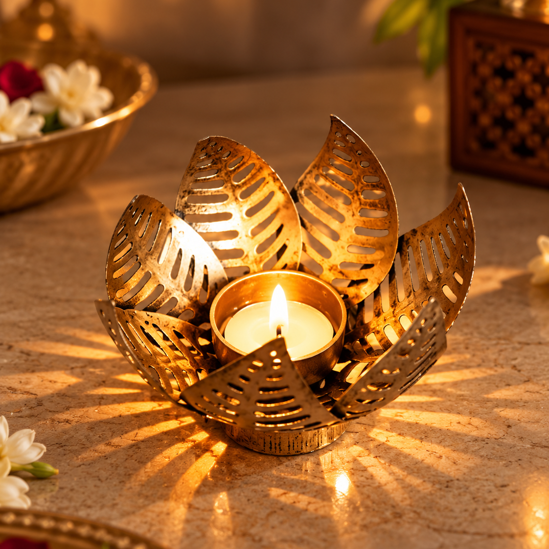 Antique Finish Lotus Petals Tealight Holder – Festive Lighting & Everyday Decor