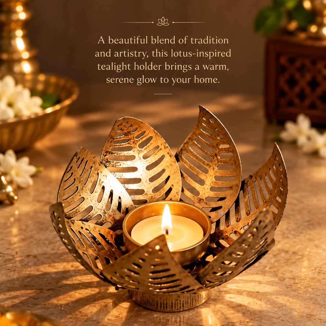 Antique Finish Lotus Petals Tealight Holder – Festive Lighting & Everyday Decor