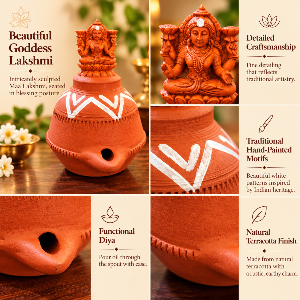 Handcrafted Terracotta Goddess Lakshmi Oil Lamp – Traditional Matka Akhand Diya