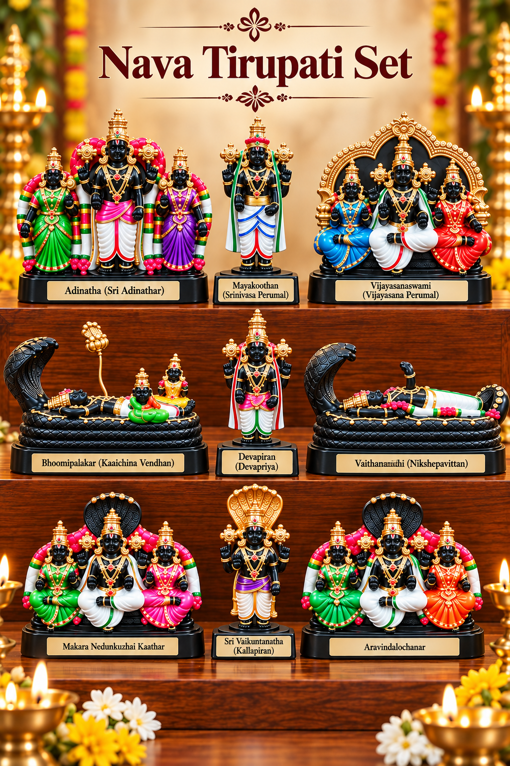 Handcrafted Nava Tirupathi Clay Idols (Set of 9) –Antique Stone Finish
