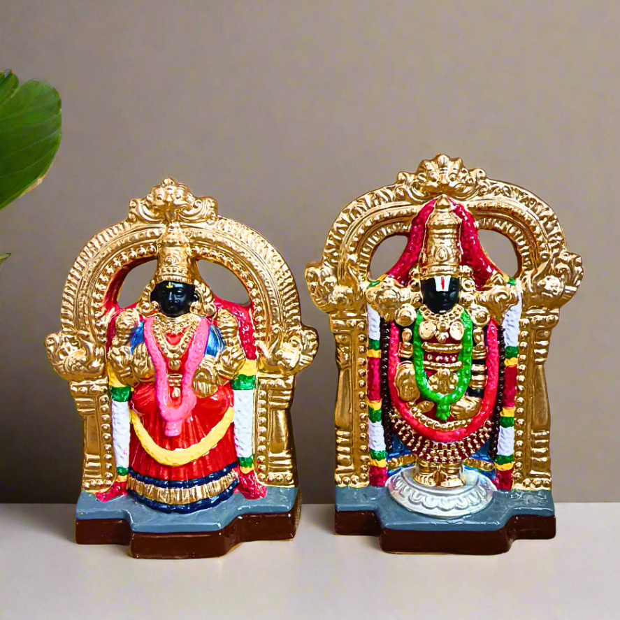 Exquisite Handcrafted Clay Lakshmi Venkateswara Set (Radiant Gold Finish)